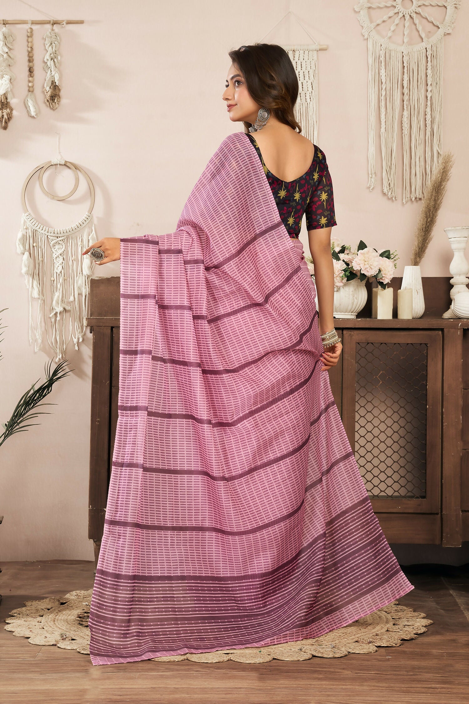 Joban Fashion Coral Pink Paisley & Geomatric Linen Ready To Wear Saree With Unstitched Blouse - Distacart