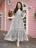 Green Rayon Foil Printed Long Dress - Michan - Distacart