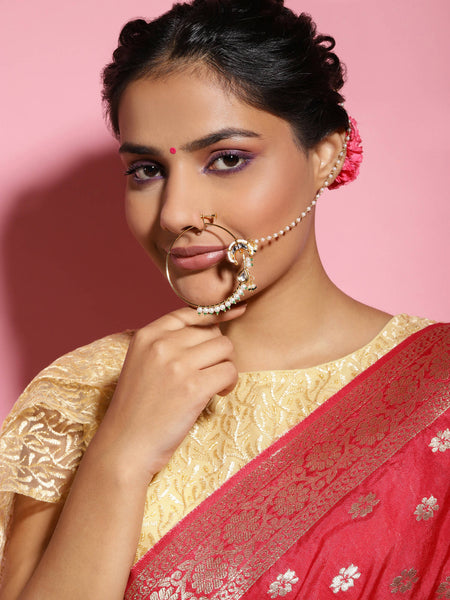Gold-Polished White Green Kundan-Studded Pearl Beaded Nosepin - Ruby Raang