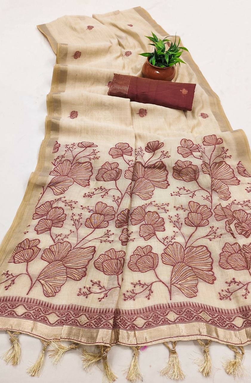 Vastranavya Cream Muga Cotton Meenakari & Azarakh Pallu Saree with Contrast Blouse - Distacart