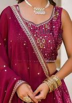 Wedding Partywear Wine Slim Georgette Lehengha Choli With Dupata - Agnidhara