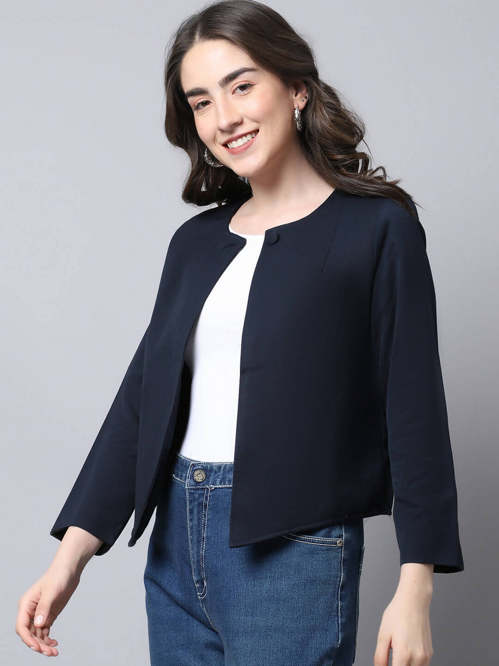 Even Apparels Navy Polywool Open Front Statement Women's Jacket