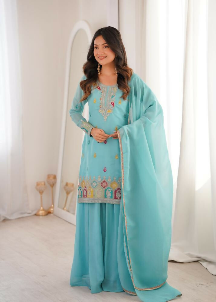 Lehenga Mart Designer Sharara Suit With Kurta, Sharara, Dupatta For Women-Sky Blue - Distacart