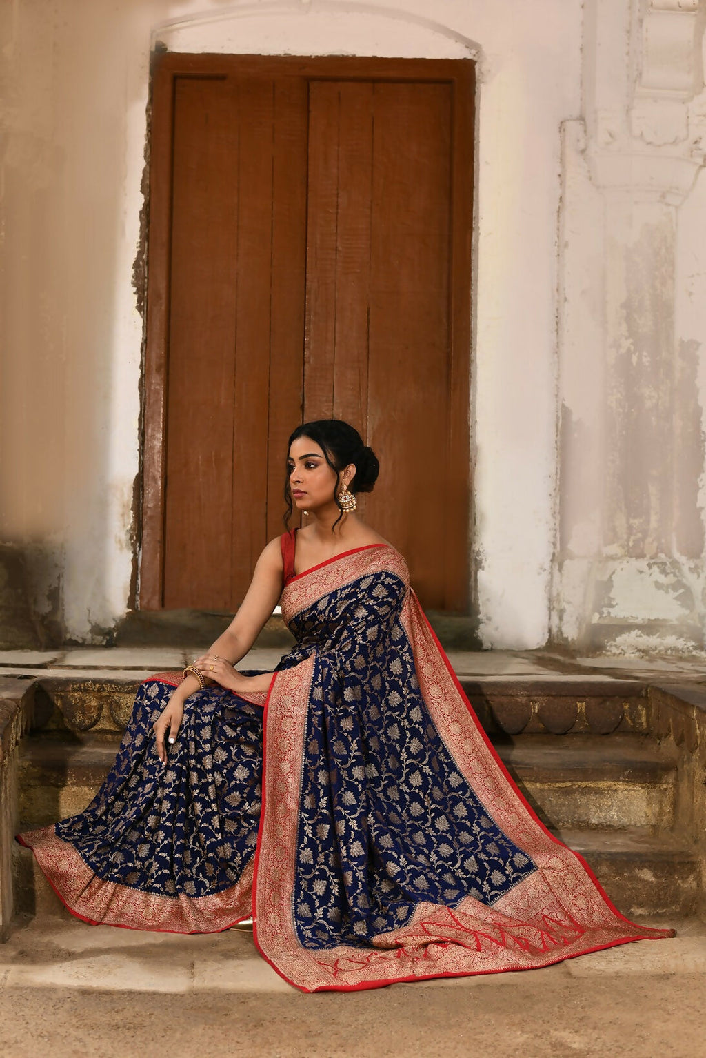 Joban Fashion Navy Blue Crepe Chiffon Pure Handloom Banarasi Silk Saree