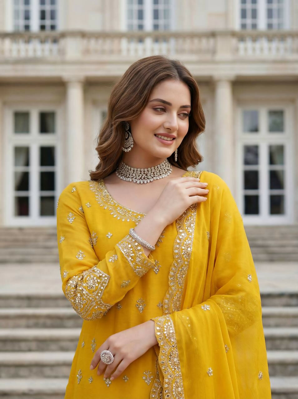 Joban Fashion Yellow Silk Embroidered Sharara Set - Distacart