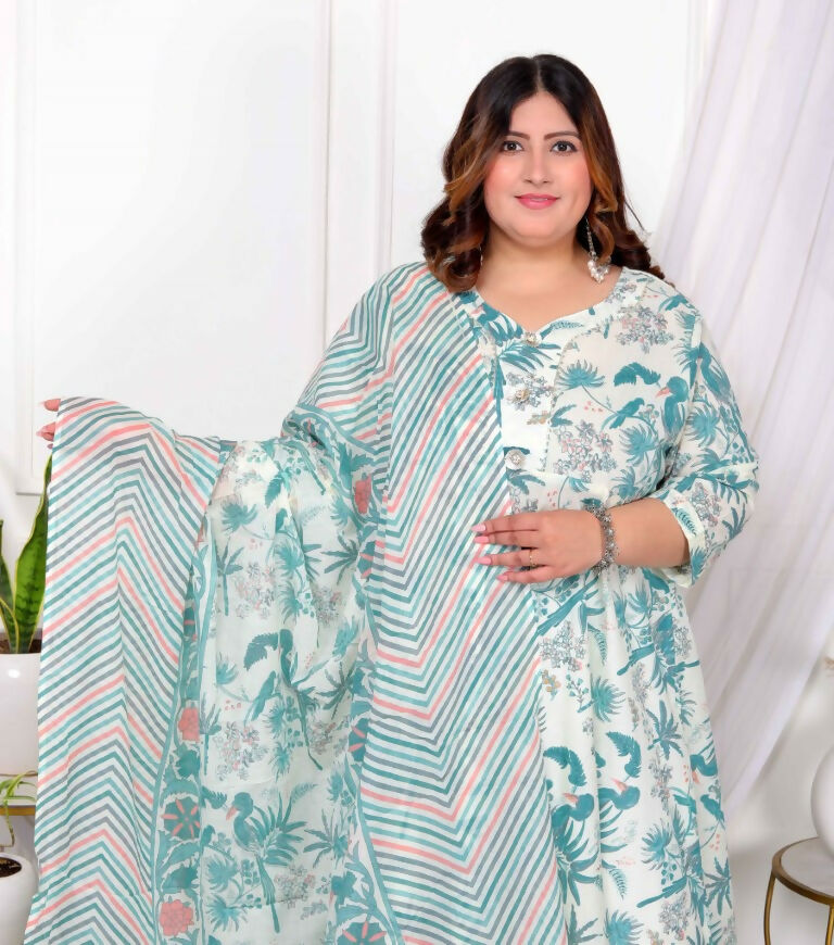 Miravan Women's Plus Size Light Green Cotton Birds And Leaf Floral Printed And Lace Border Details Anarkali Kurta And Dupatta Set