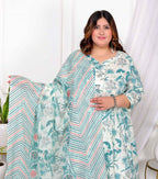 Miravan Women's Plus Size Light Green Cotton Birds And Leaf Floral Printed And Lace Border Details Anarkali Kurta And Dupatta Set