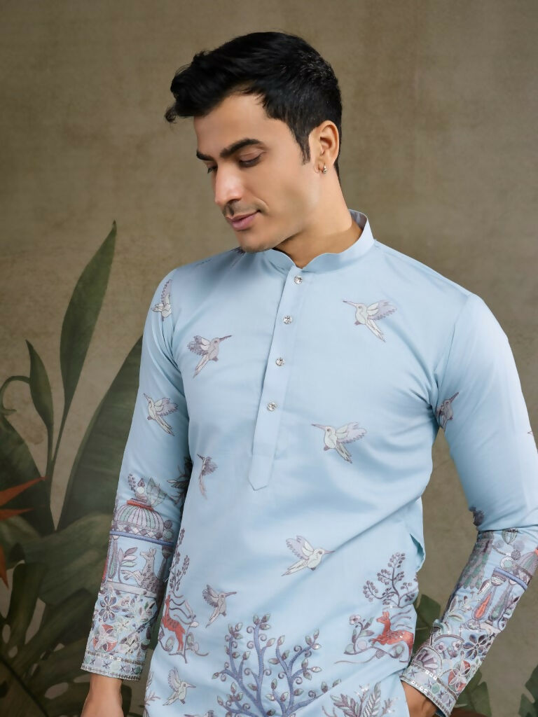 Vastranavya Sky Blue Exclusive Festival Wear Viscose Silk Thread & Sequence Embroidered Work Kurta