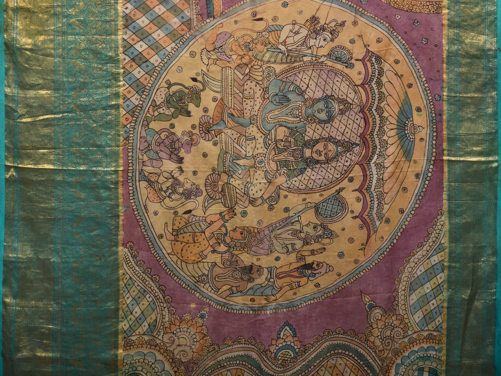 Turquoise and Burgundy Kalamkari Hand Painted Kanchipuram Silk Handloom Saree with Ramayan Theme Design - Global Threads