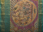 Turquoise and Burgundy Kalamkari Hand Painted Kanchipuram Silk Handloom Saree with Ramayan Theme Design - Global Threads
