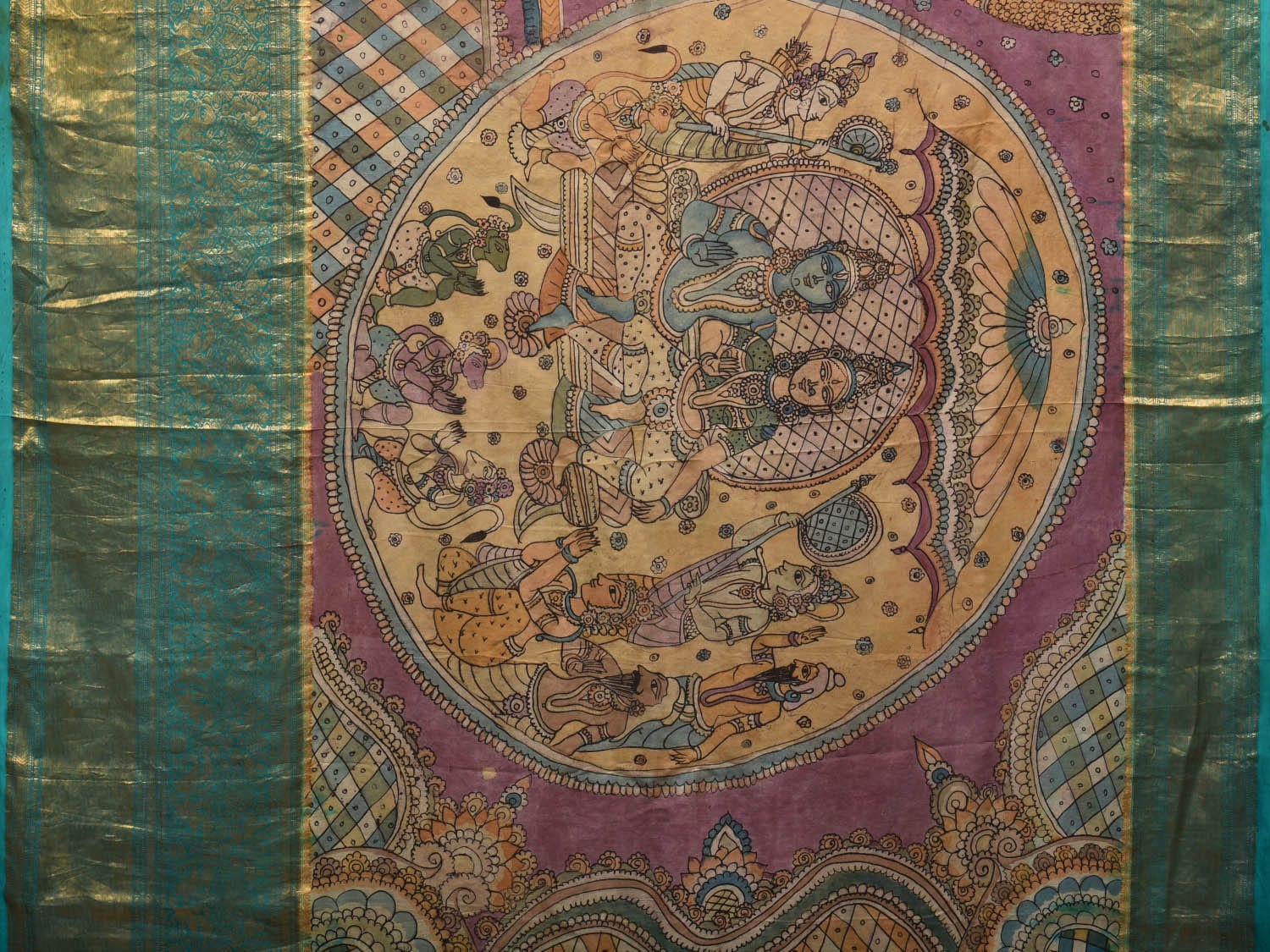 Turquoise and Burgundy Kalamkari Hand Painted Kanchipuram Silk Handloom Saree with Ramayan Theme Design - Global Threads