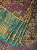 Turquoise and Burgundy Kalamkari Hand Painted Kanchipuram Silk Handloom Saree with Ramayan Theme Design - Global Threads