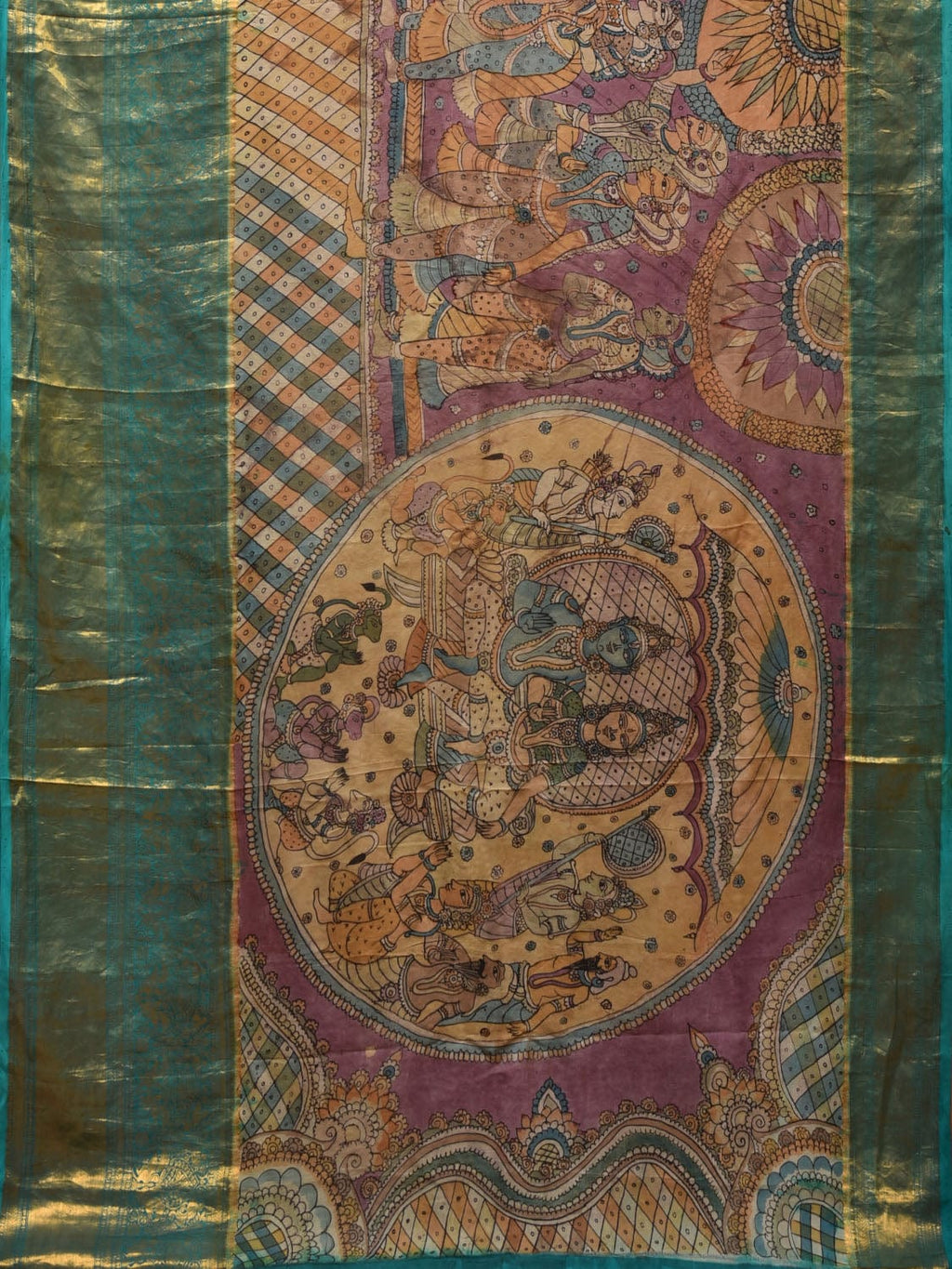 Turquoise and Burgundy Kalamkari Hand Painted Kanchipuram Silk Handloom Saree with Ramayan Theme Design - Global Threads