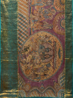 Turquoise and Burgundy Kalamkari Hand Painted Kanchipuram Silk Handloom Saree with Ramayan Theme Design - Global Threads