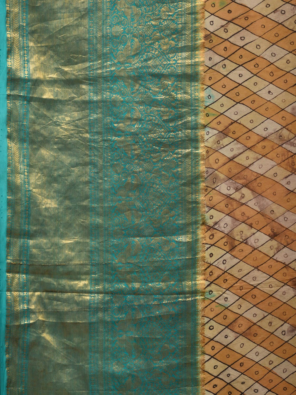 Turquoise and Burgundy Kalamkari Hand Painted Kanchipuram Silk Handloom Saree with Ramayan Theme Design - Global Threads