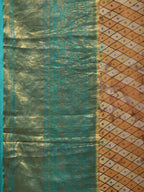 Turquoise and Burgundy Kalamkari Hand Painted Kanchipuram Silk Handloom Saree with Ramayan Theme Design - Global Threads
