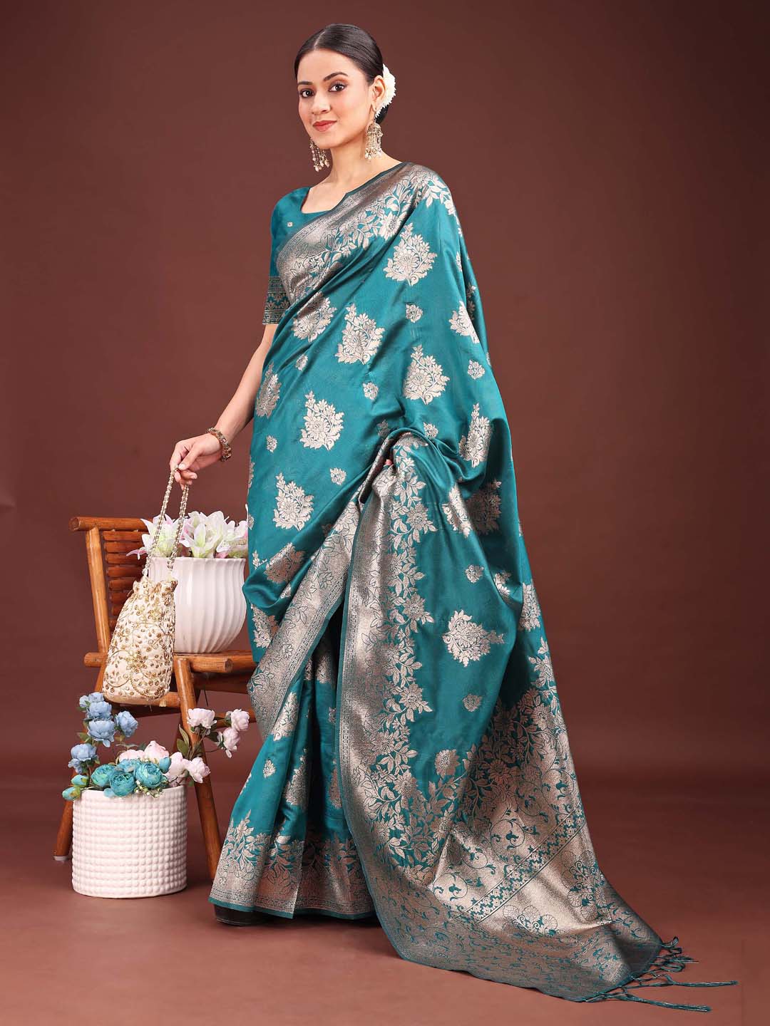 Anaita Turquoise Banarasi Silk Woven Work Saree With Blouse - Distacart