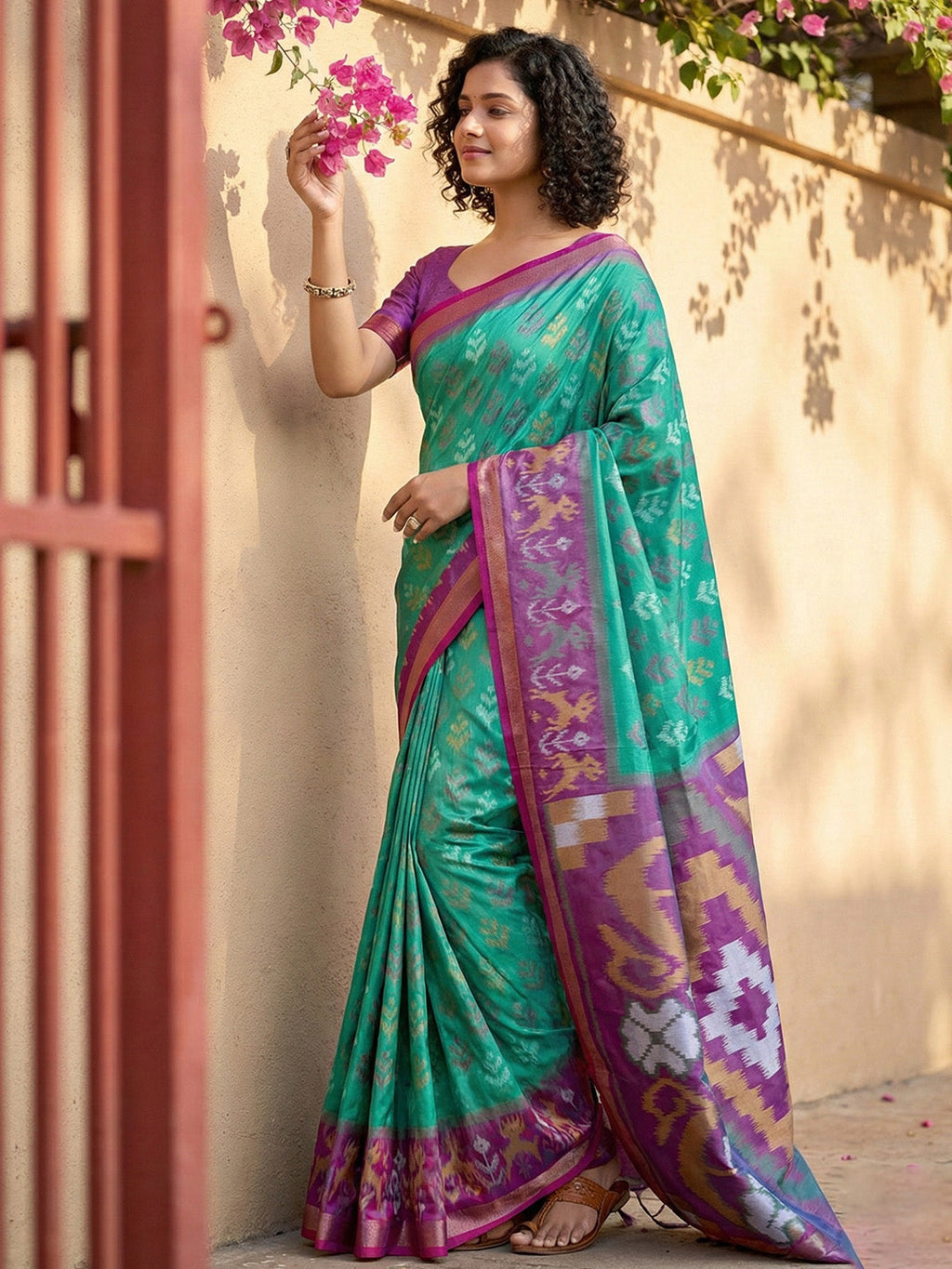 Anaita Turquoise Pochampally Printed Saree With Blouse - Distacart