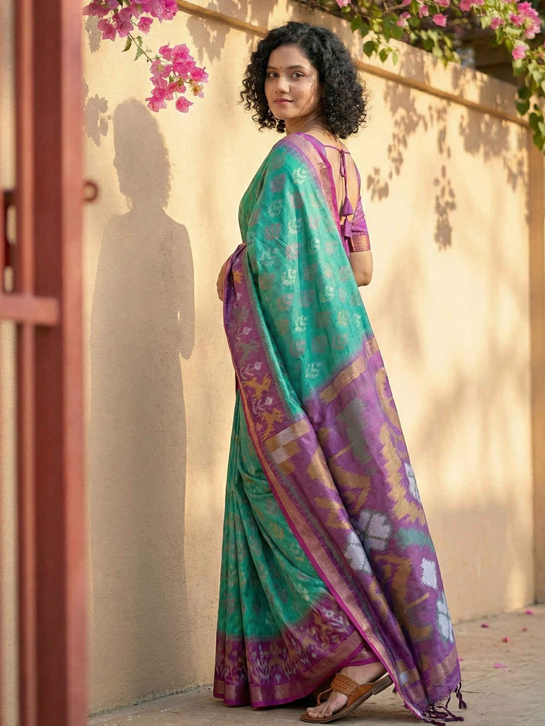 Anaita Turquoise Pochampally Printed Saree With Blouse - Distacart