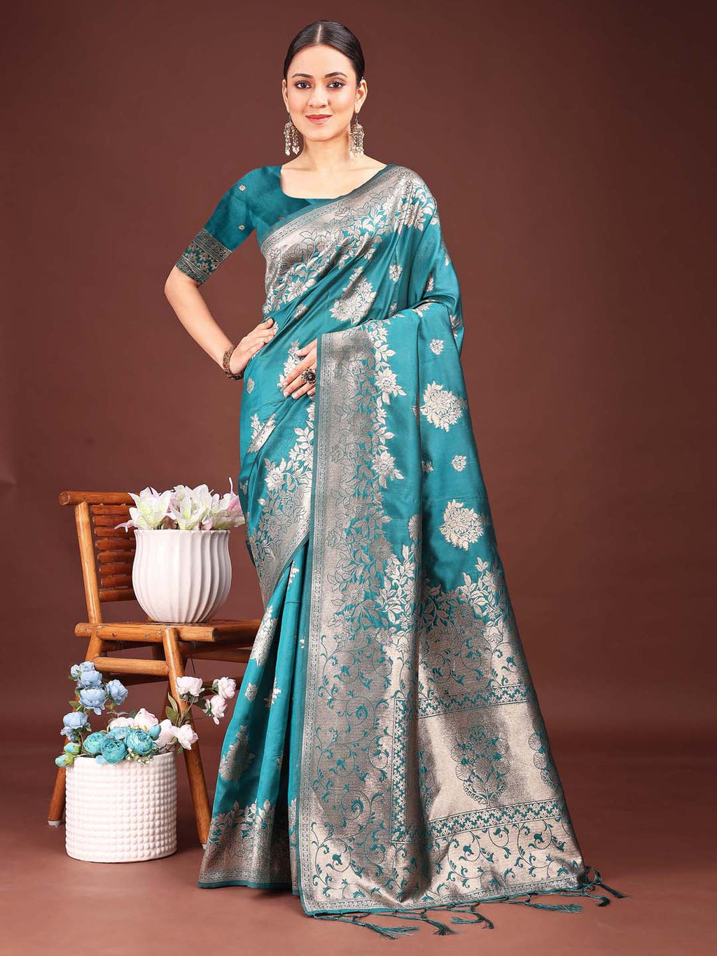 Anaita Turquoise Banarasi Silk Woven Work Saree With Blouse - Distacart