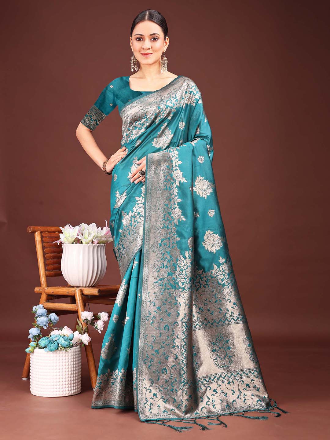 Anaita Turquoise Banarasi Silk Woven Work Saree With Blouse - Distacart