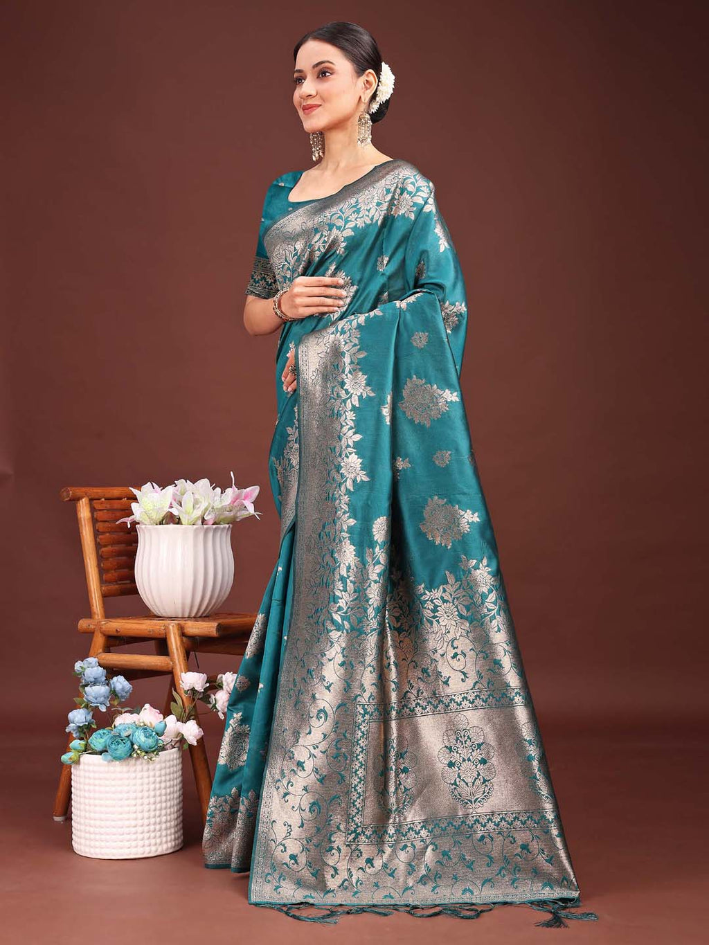 Anaita Turquoise Banarasi Silk Woven Work Saree With Blouse - Distacart
