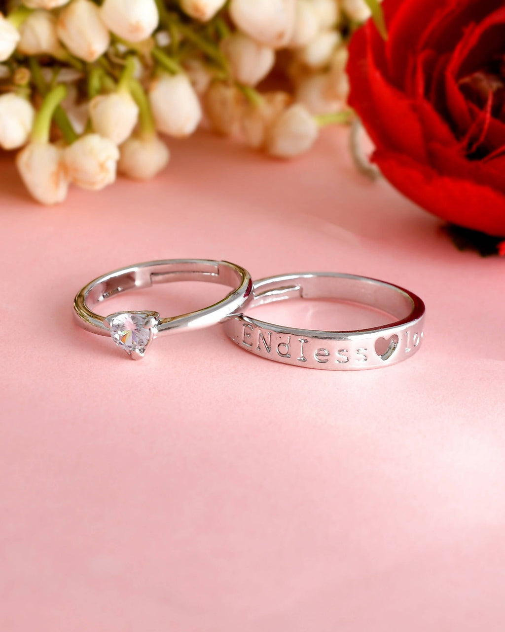 VOJ Stainless Steel Cubic Zirconia Silver Plated Adjustable Ring Set for Couple