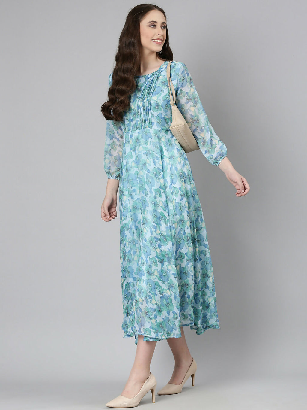 Souchii Blue Floral Chiffon Maxi Dress