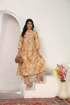 Jyoti Fashion Women's Beige Chanderi Silk Floral Print with Side Pocket Kurtis & Sets