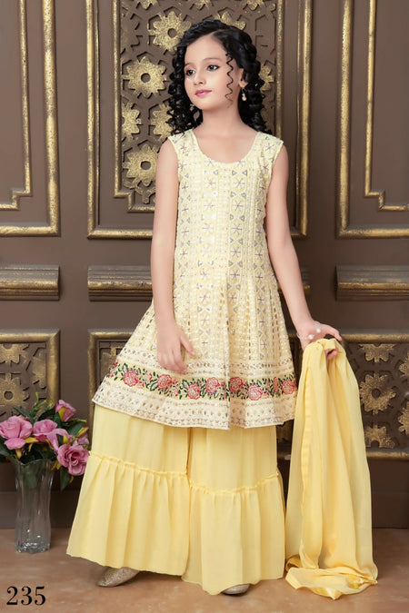 Kids Wedding Designer Yellow Faux Georgette Sharara Suit - Aaradhna