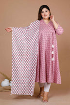 Miravan Women's Plus Size Pink Floral Printed Cotton Anarkali Kurta With Dupatta