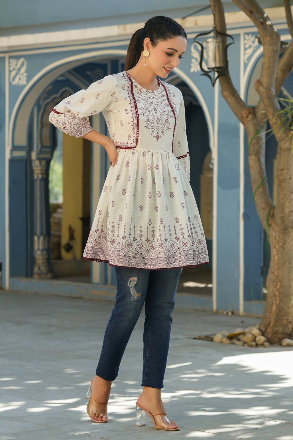 Juniper Women's White & Maroon Cambric Floral Printed Tunic - Distacart