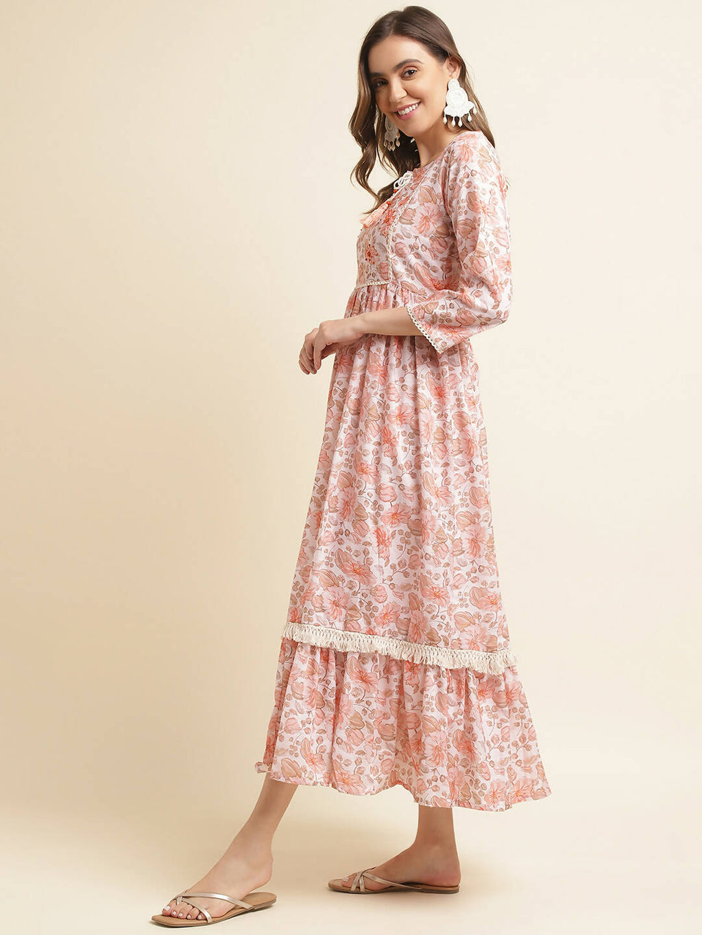 Orange Linen Floral Printed Fit & Flare Dress - Yukti - Distacart