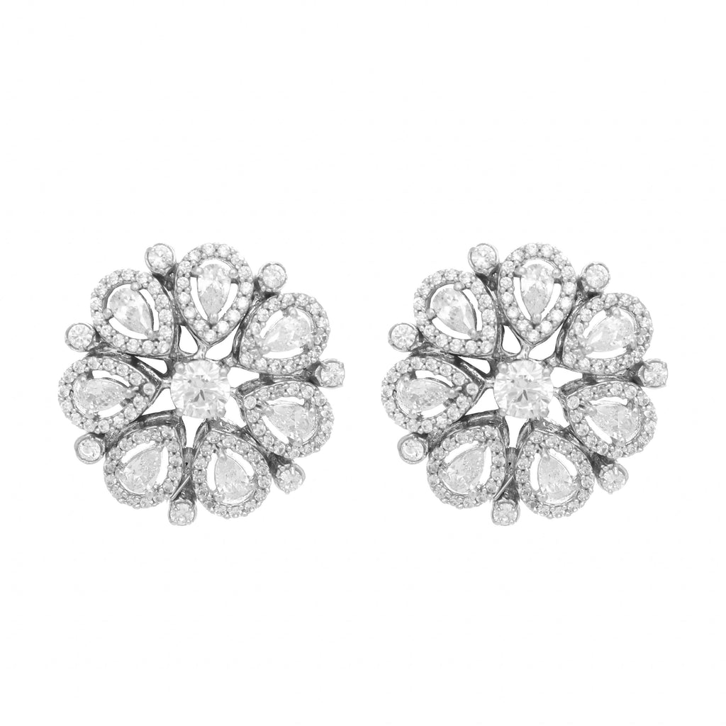 Nuyug Rhodium-Plated Zircon Studded Floral Statement Stud Earrings - Distacart