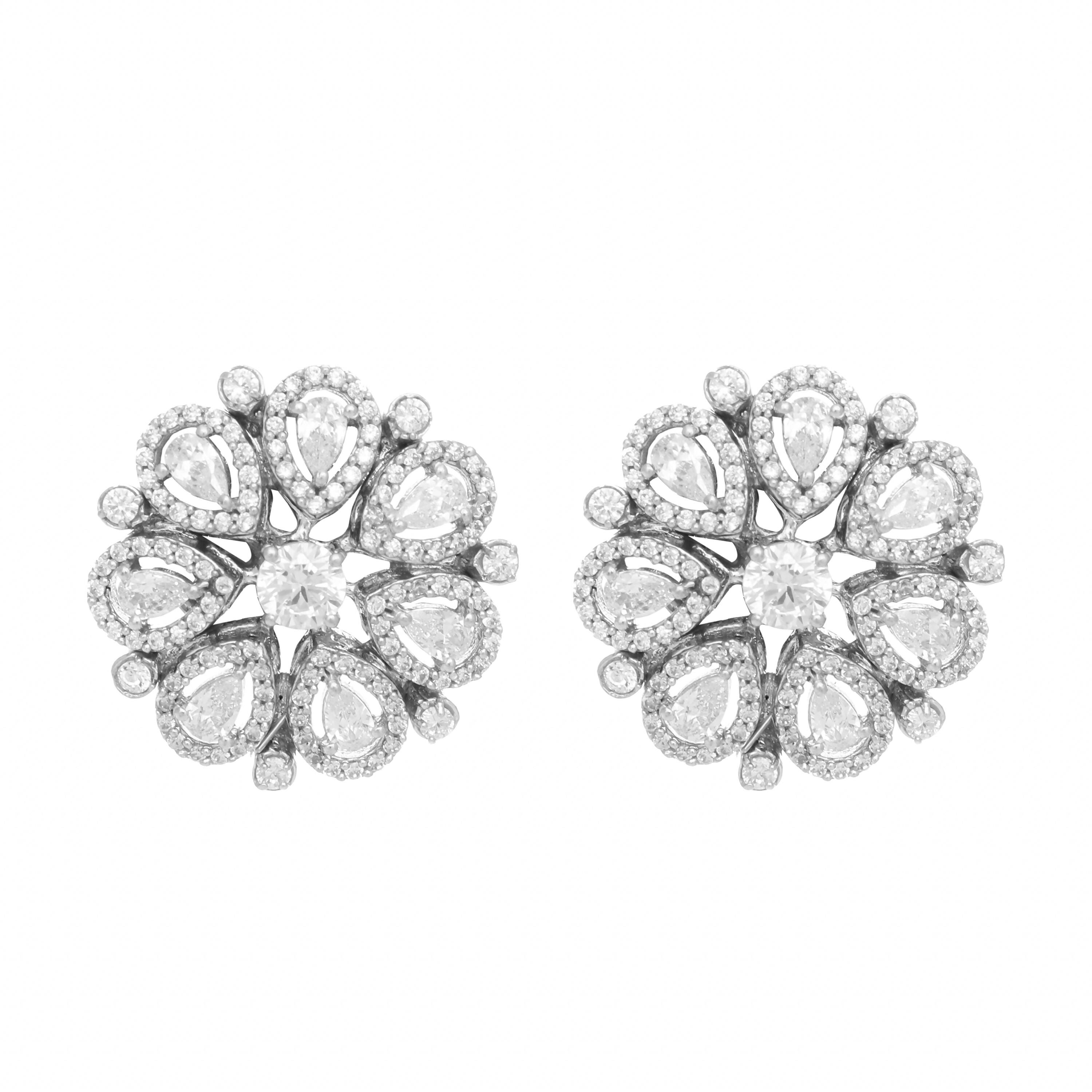 Nuyug Rhodium-Plated Zircon Studded Floral Statement Stud Earrings - Distacart