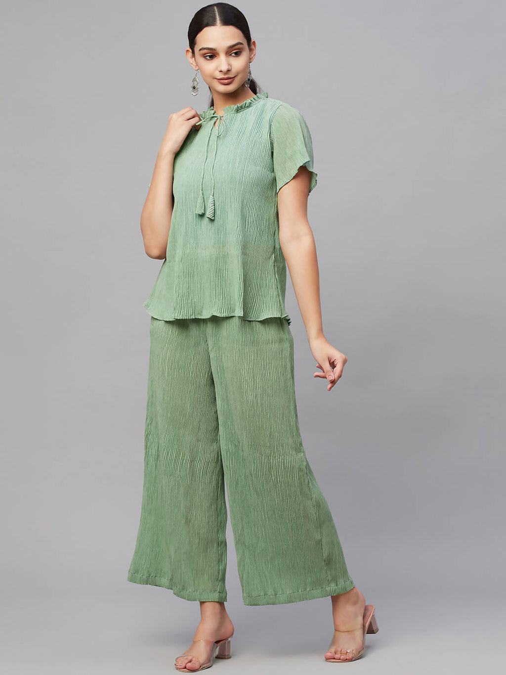 Myshka Women Green Chiffon Round Neck Top Palazzo Set - Distacart