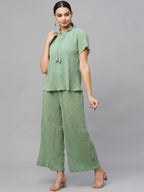 Myshka Women Green Chiffon Round Neck Top Palazzo Set - Distacart
