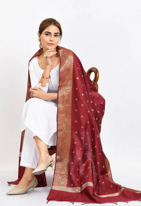 Mominos Fashion Moeza Women's Banarsi Silk Woven Design Maroon Dupatta - Distacart