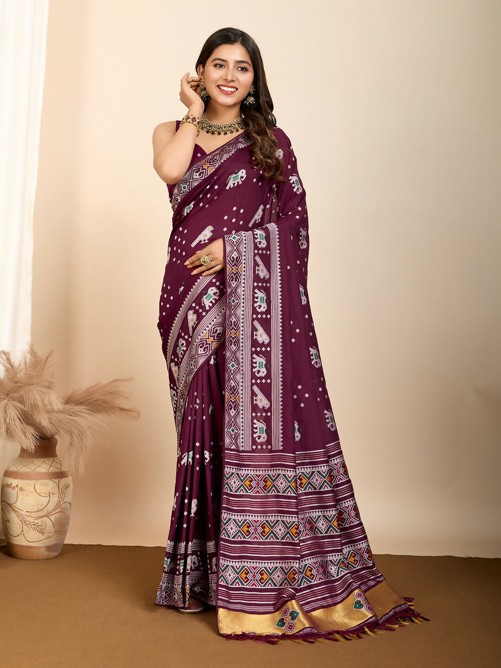 Wine Soft Silk Woven Meenakari Designer Saree - Vedanti