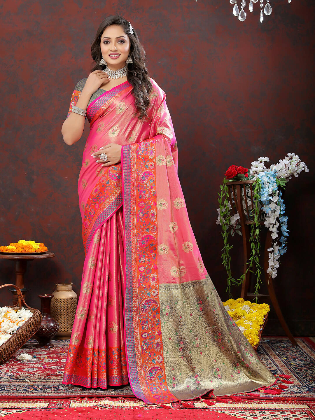 Lorenvalley Fashion Pink Kanjivaram Silk Woven Design with Zari Weaving Saree
