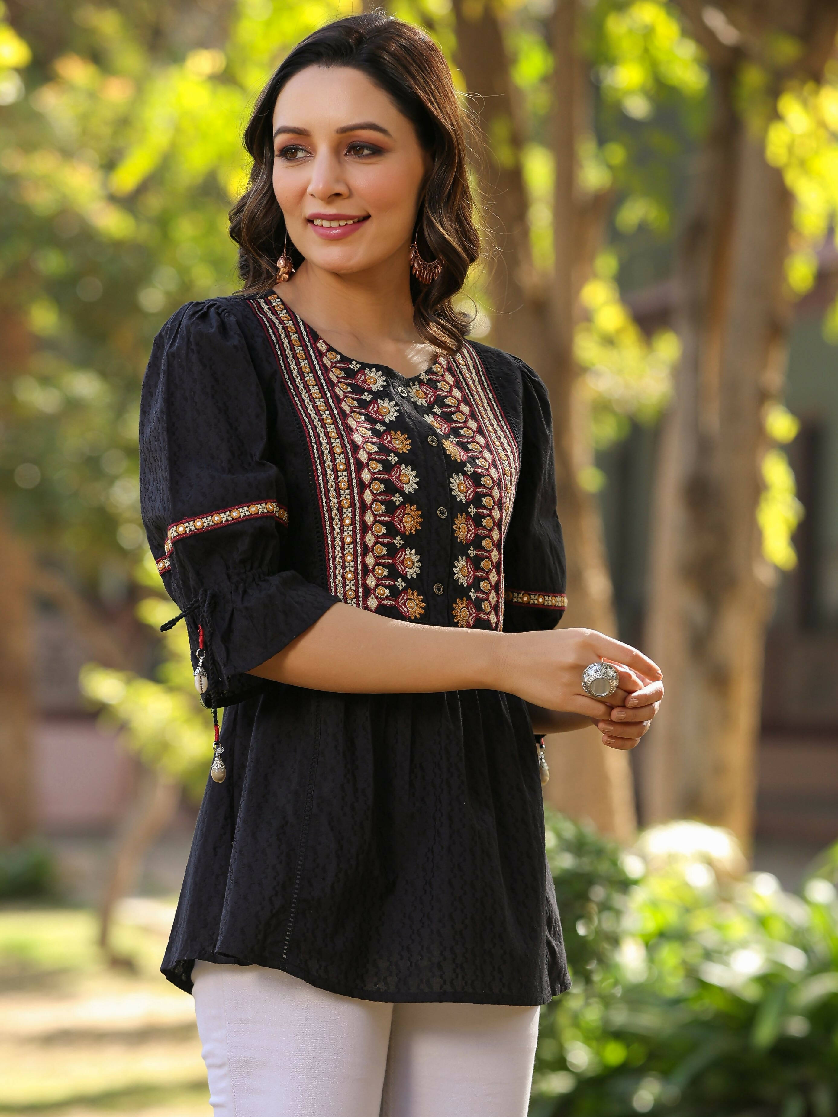 Juniper Women's Black Cotton Solid With Embroidered Straight Tunic - Distacart