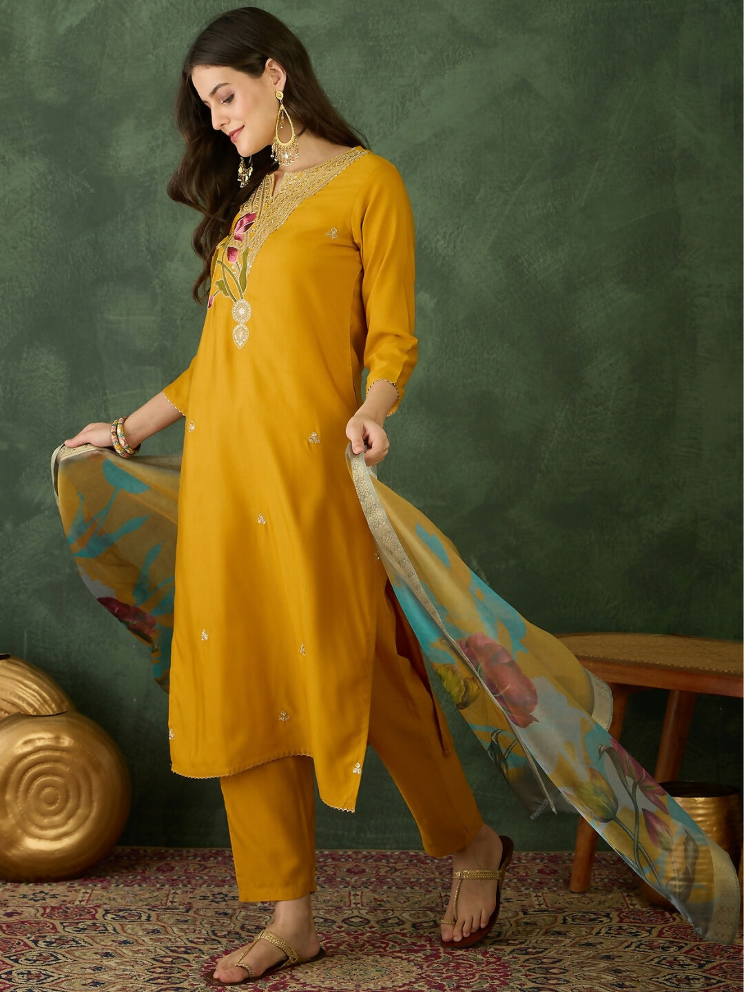 The52 Mustard Women's Beautiful Rayon Fabric Embroidered Work Straight Kurta, Pant and Dupatta Set - Distacart