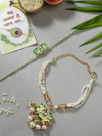 NVR Women & Men Set of 2 Green Lotus Shape Kundan-Studded & Beaded Handcrafted Wraparound Rakhi Set With Roli Chawal - Distacart
