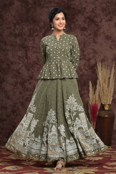 Juniper Women Olive Georgette Printed Flared Lehenga Choli Sets