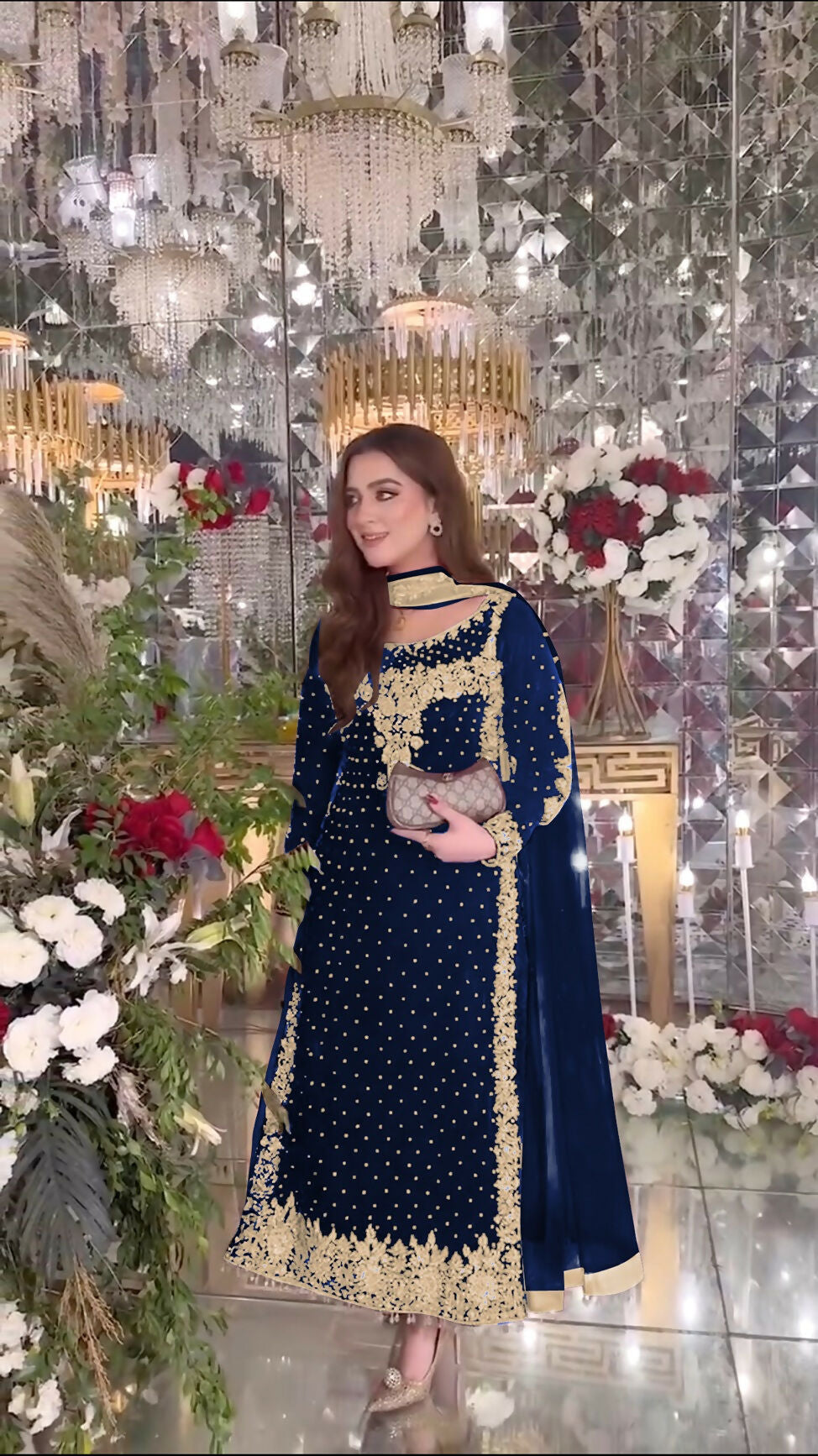 Joban Fashion Blue Velvet Sequence Embroidery Work Kurta Set - Distacart