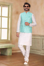 Raivat Ethnic Jacquard Banarasi Silk Woven Work 3 Pics Jacket Set In Sky Blue Colour - Distacart