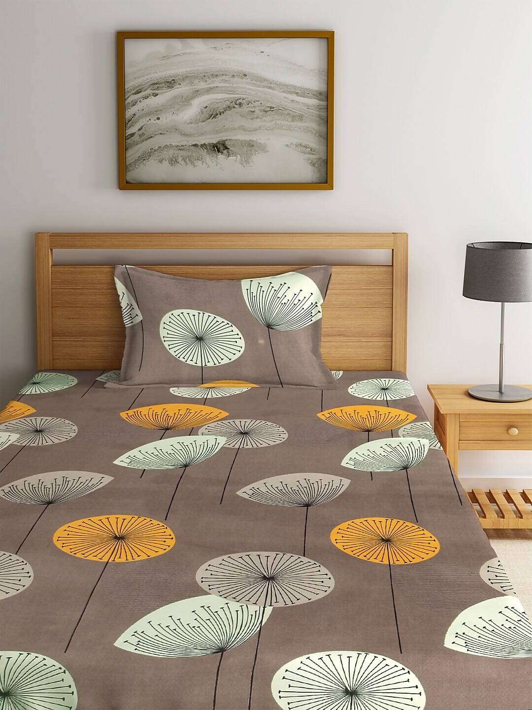 KLOTTHE Brown & Yellow Floral 210 TC Cotton Bedsheet with Pillow Cover - Distacart