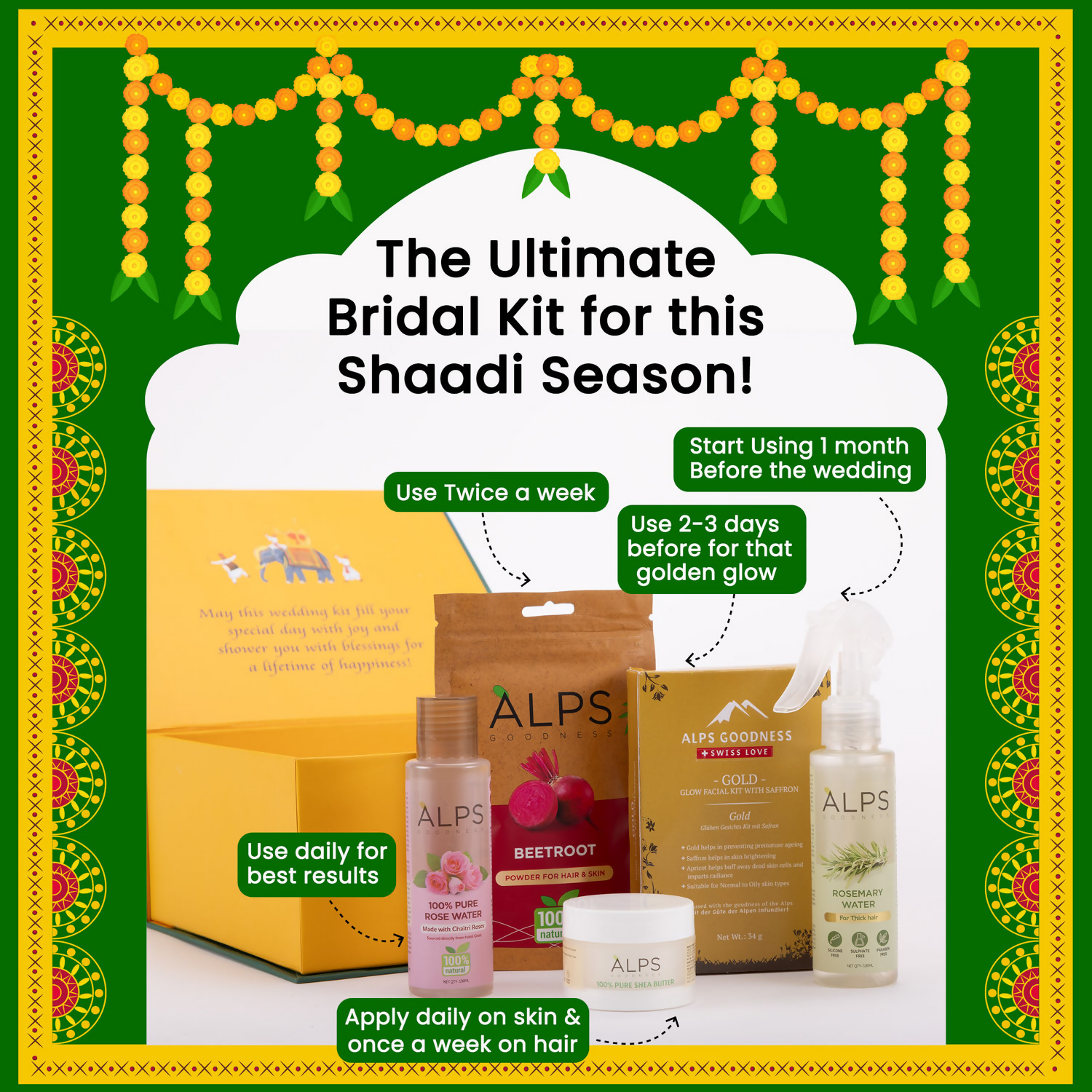 Alps Goodness Bridal Glow Kit (Beetroot Powder, Rose Water, Rosemary Water, Gold Facial Kit & Shea Butter)