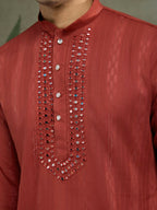 Vastranavya Rust Orange Exclusive Viscose Rayon Festival Wear Real Mirror Work Kurta with Dupatta