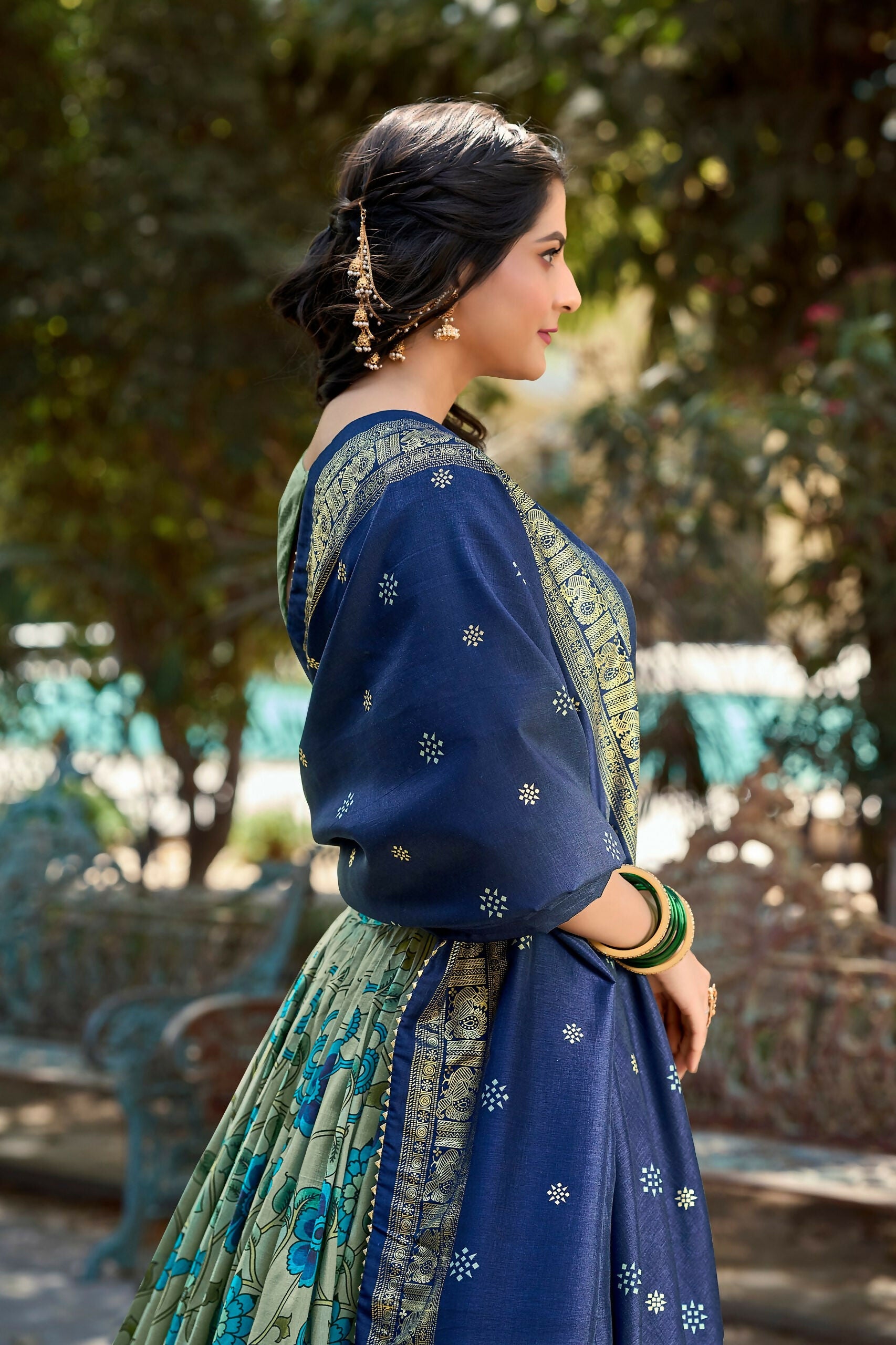 Vastranavya Kalamkari Print With Foil Print Lehenga with Unstitched Printed Blouse - Sea Green